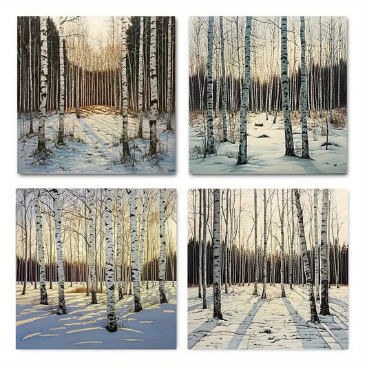4pcs Birch Forest Theme Wall Art Canvas Framed