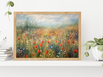 Blooming Summer Meadow Painting Glass Framed Wall Art, Ready to Hang Quality Print Without White Border Oak