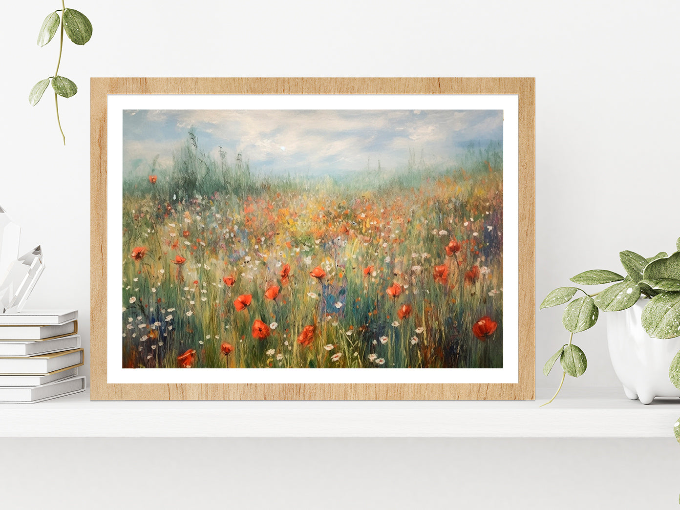 Blooming Summer Meadow Painting Glass Framed Wall Art, Ready to Hang Quality Print With White Border Oak