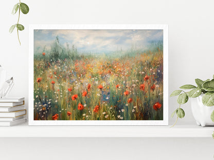 Blooming Summer Meadow Painting Glass Framed Wall Art, Ready to Hang Quality Print Without White Border White