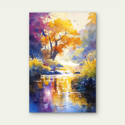 Watercolor Golden Tree River Sunset 40x60cm Metal Print Ready to Hang