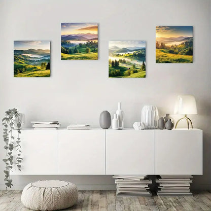 4pcs Green Misty Fores Picture Wall Art Canvas Framed