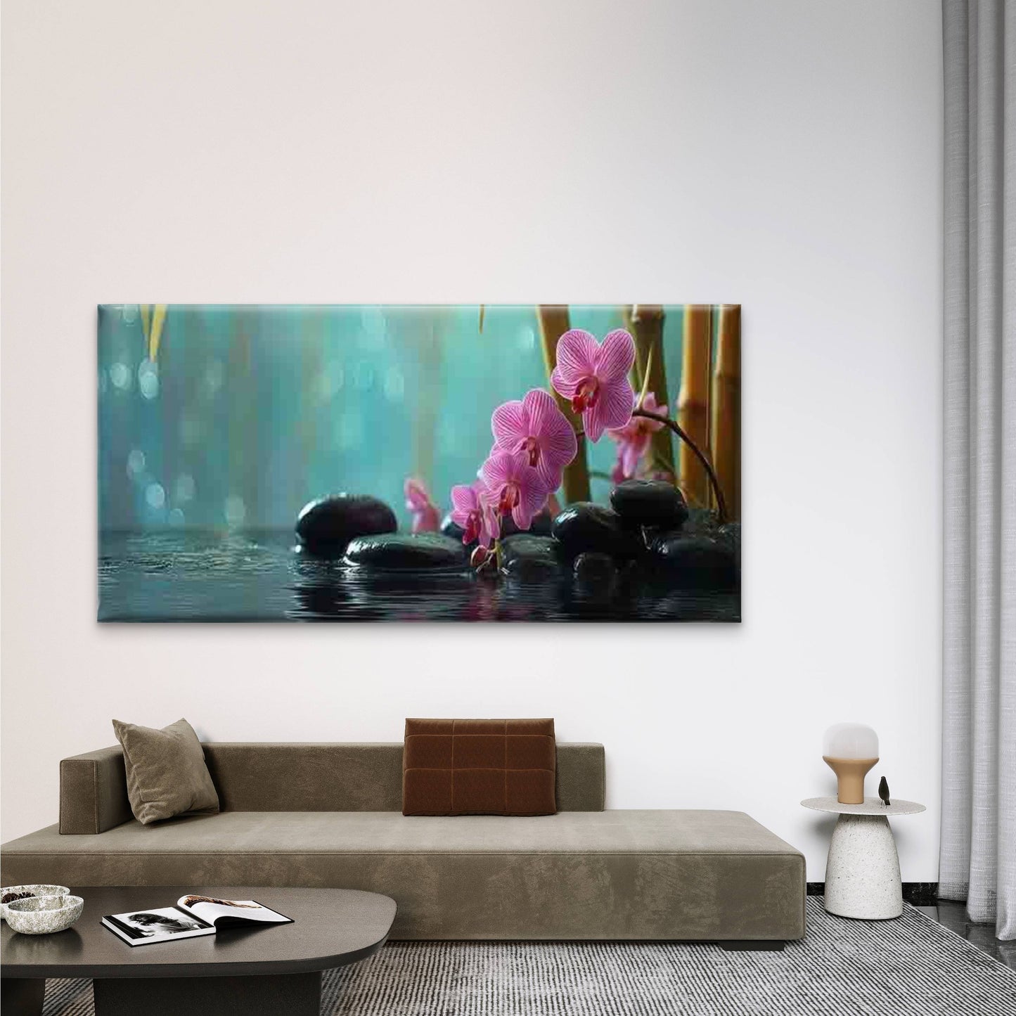 Pink Orchid & Black Stones Wall Art Canvas Office Home Room Framed 120x60cm - Bella Home Decor