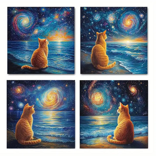 4pcs Cat and for galaxy  Circle  Wall Art Canvas Framed