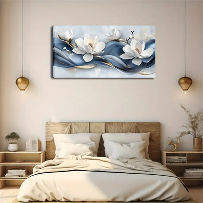 White Flowers Golden Accents Blue Wall Art Canvas Office Home Room Framed 120x60cm - Bella Home Decor