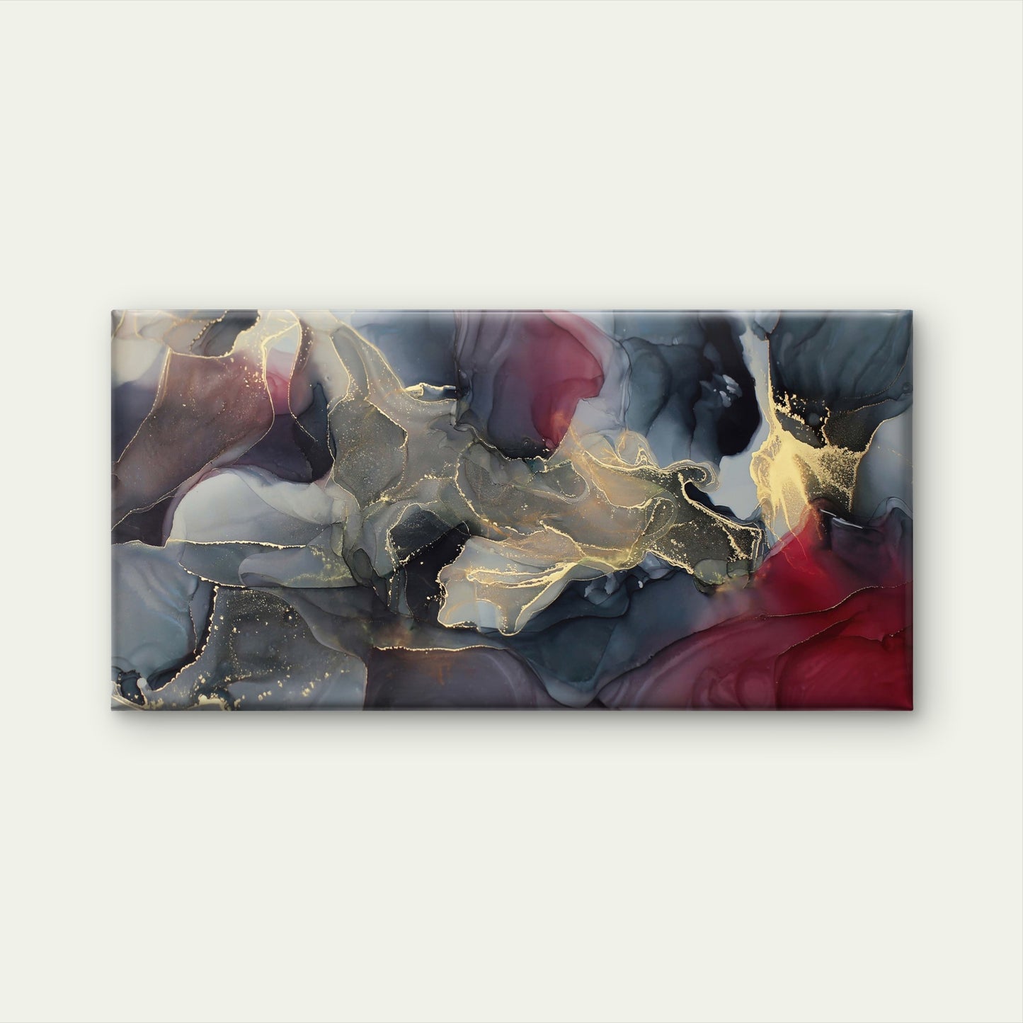 Abstract Black Red Alcohol Ink Swirl Gold Foil Wall Art Canvas Office Home Framed 120x60cm
