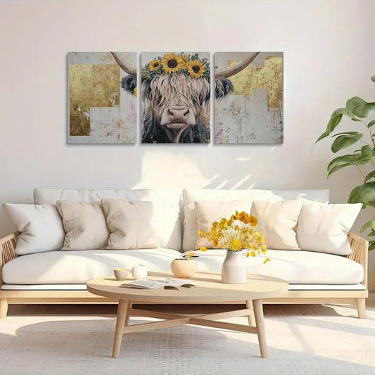 3pcs Highland Cow with Sunflowers Vibrant Watercolor Metal Print Ready to Hang Art