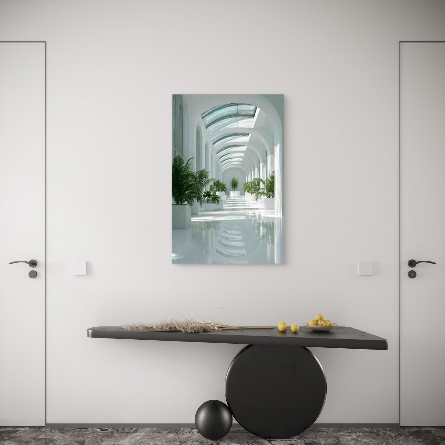 Sunlit White Walls & Plant-Filled Hallway 60x90cm Metal Print Ready to Hang
