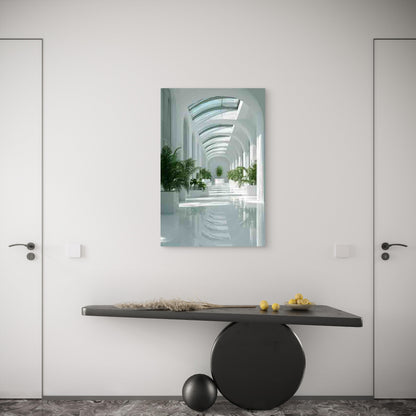 Sunlit White Walls & Plant-Filled Hallway 60x90cm Metal Print Ready to Hang
