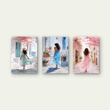 3pcs Mediterranean Woman Street Painting  Wall Art Set Canvas Framed 40x60cm - High Quality Print 100% Australian Made Wall Canvas Ready to Hang