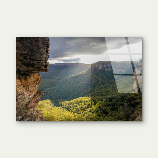 Sunbeams Over Jamison Valley Cliffside View Blue Mountains National Park Australia Acrylic Glass Printing Wall Art Australian Made