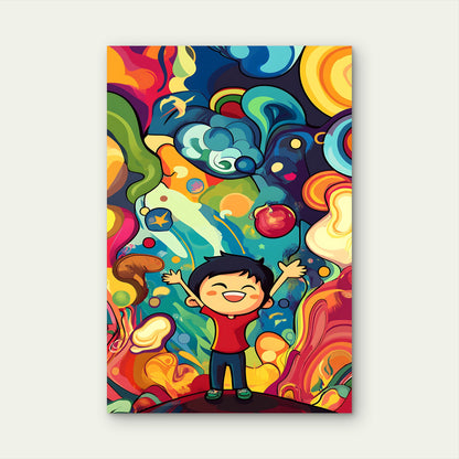 Happy Boy Surrounded By Colorful Abstract Shapes And Dreams 5mm thick Plastic Poster Ready to Hang 90x60cm