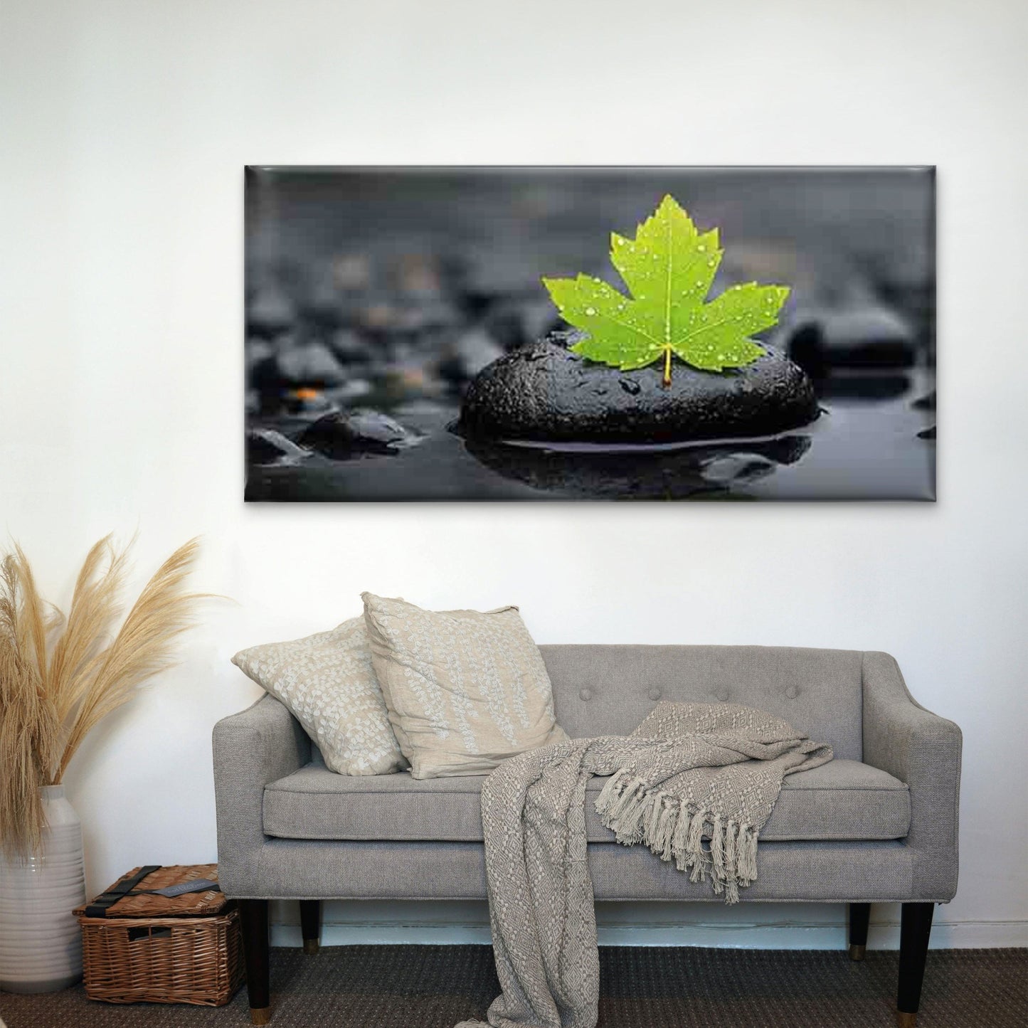 Fresh Green Leaf and Water Wall Art Canvas Office Home Room Framed 120x60cm - Bella Home Decor