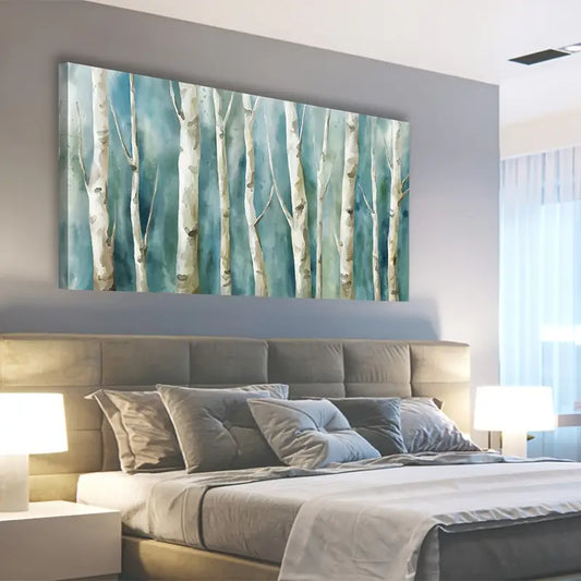 Abstract Birch Trees Turquoise Wall Art canvas office home room framed 120x60cm