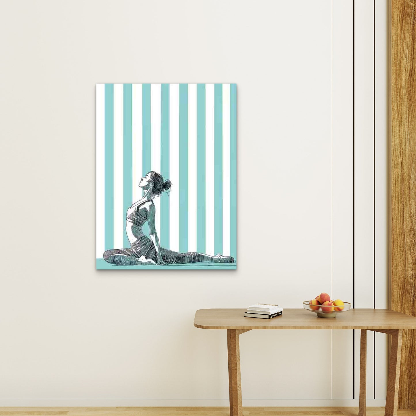 Woman in a Green Striped Yoga Pose Metal 40x60cm Print Ready to Hang - Bella Home Decor