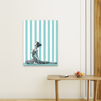 Woman in a Green Striped Yoga Pose Metal 40x60cm Print Ready to Hang - Bella Home Decor