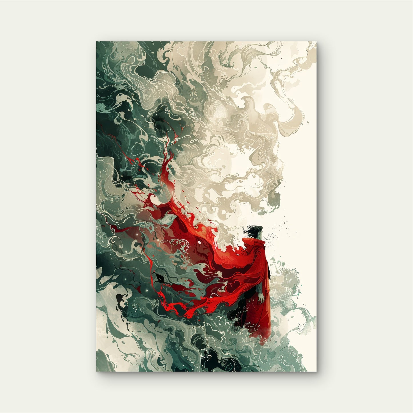 Crimson Cloak Amidst Abstract Clouds 40x60cm Metal Print Ready to Hang