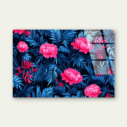 Vibrant Pink Peony Blue Leaves Acrylic Glass Printing Wall Art Australian Made Quality