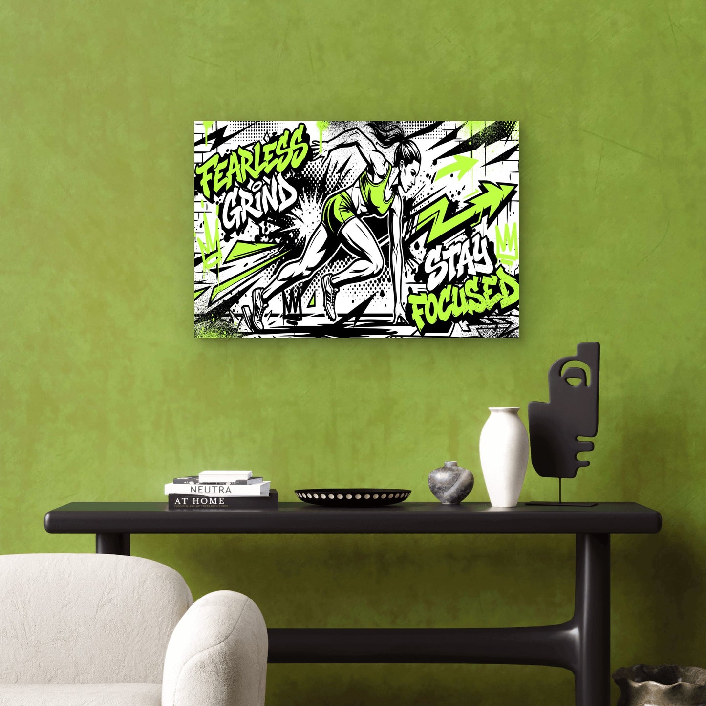 Female Athlete Runner Sprinter Fearless Grind Stay Focused Graffiti Green Black 5mm thick Plastic Poster Ready to Hang 90x60cm