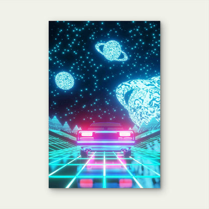 Synthwave Retro Car Driving Through Neon Style Metal Print Ready to Hang - Bella Home Decor
