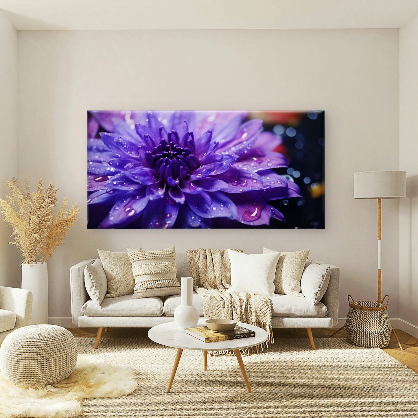 Purple Dahlia With Raindrops Wall Art Canvas Office Home Room Framed 120x60cm