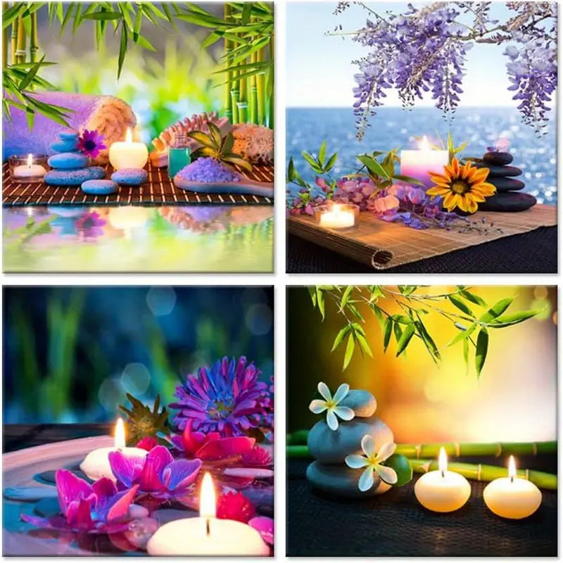 4pcs Bamboo, for Lotus & Candle Design   Wall Art Canvas Framed - Bella Home Decor