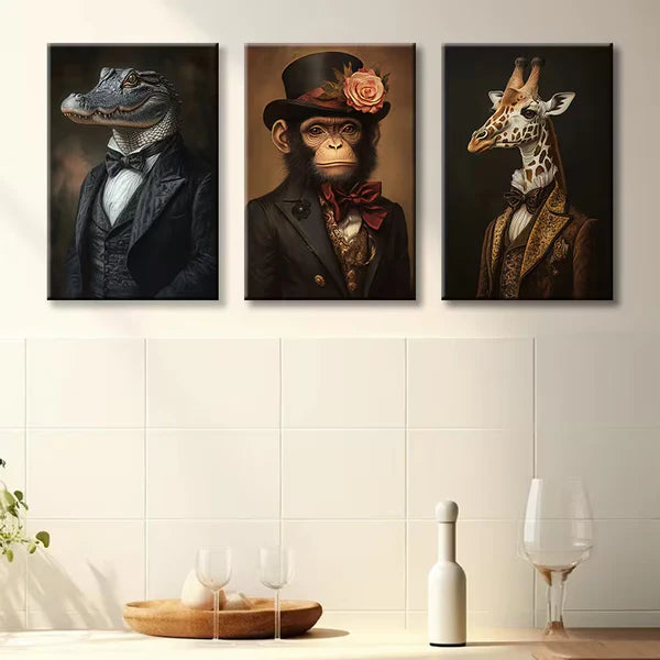 3pcs Luxurious Animal Portraits in Dress Wall Art Set Canvas Framed 50x70cm - High Quality Print 100% Australian Made Wall Canvas Ready to Hang