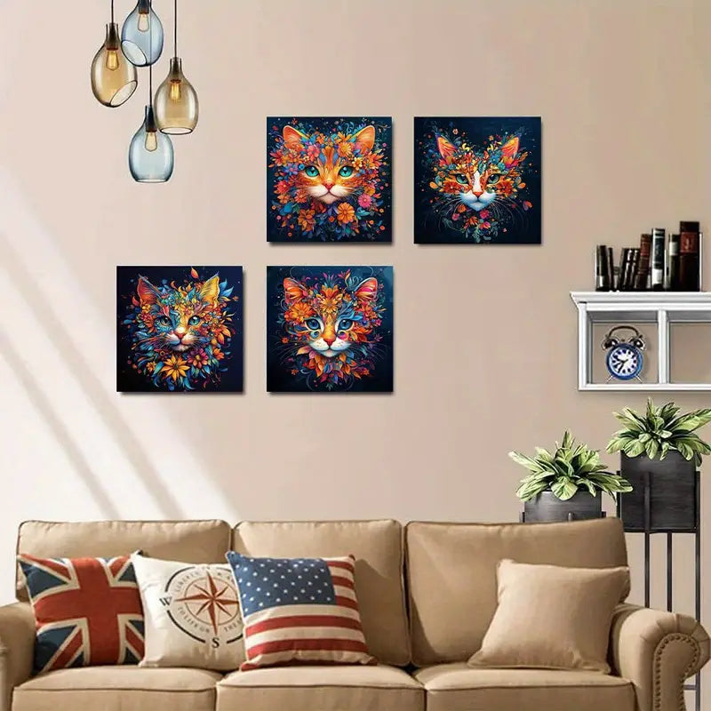 4pcs  Colorful Floral Feline Wall Art Canvas Framed