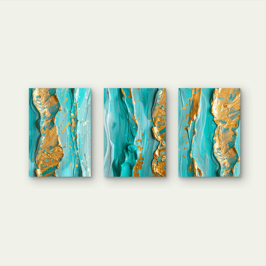 3pcs Modern Teal and Gold Abstract Painting Wall Art Set Canvas Framed 50x70cm - High Quality Print 100% Australian Made Wall Canvas Ready to Hang