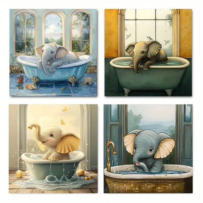 4pcs Elephant Picture Window Sea View Deco Wall Art Canvas Framed