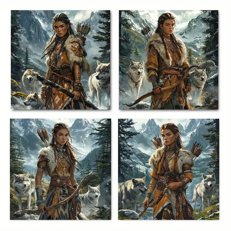 4pcs  American Woman with Eagle Headdress Wall Art Canvas Framed