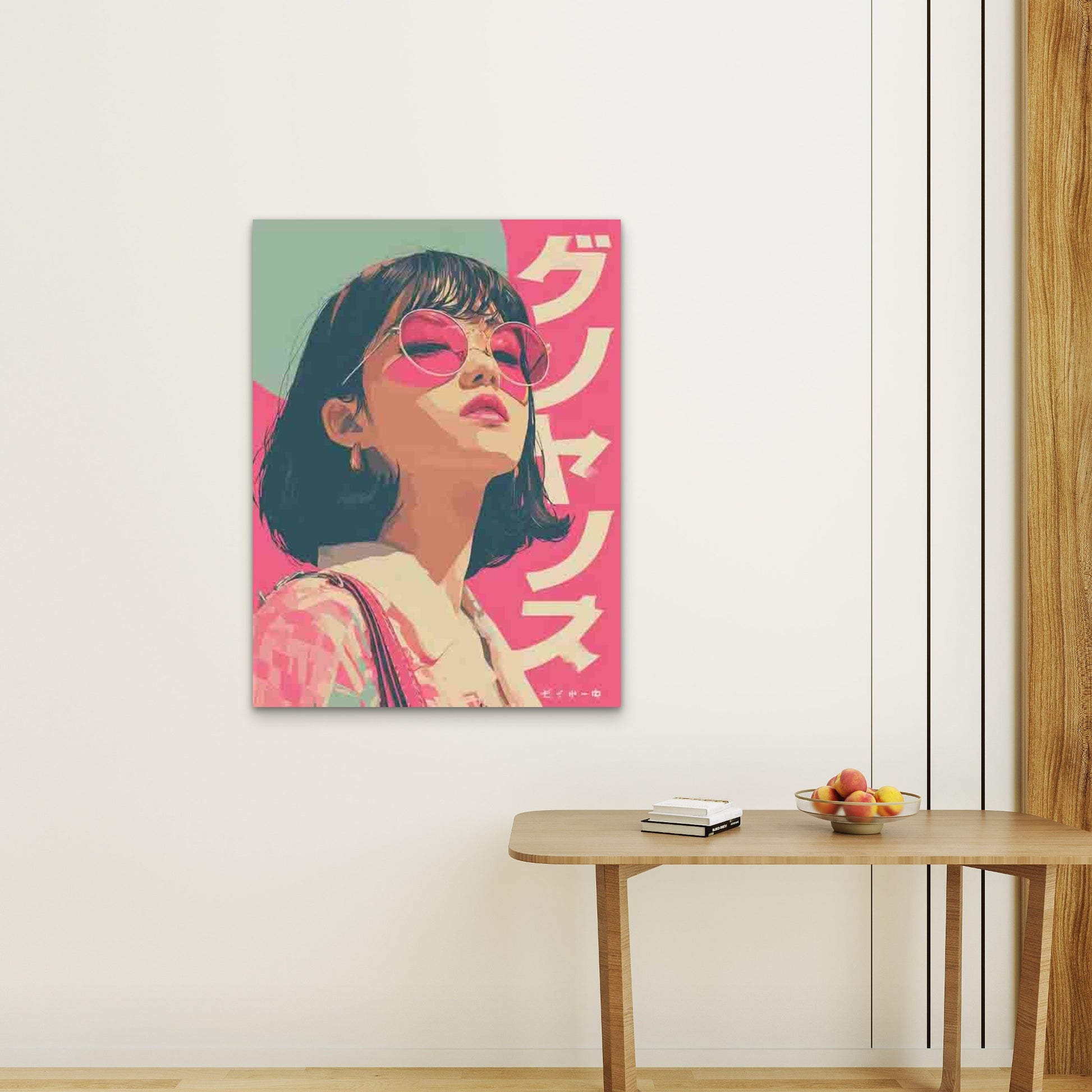 Japanese Text Accent, Pink & Teal Retro 60x90cm Metal Print Ready to Hang - Bella Home Decor