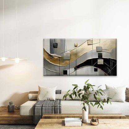 Black White Golden Line & Block Wall Art Canvas Office Home Room Framed 120x60cm - Bella Home Decor