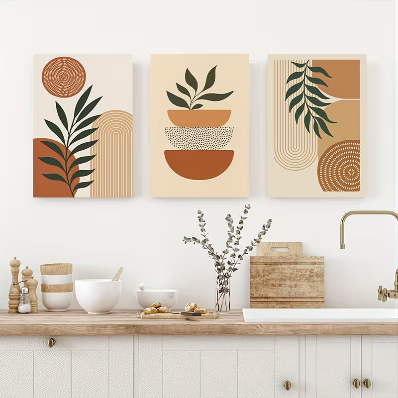 3pcs Abstract Plant Natural Geometric Shapes Wall Art Set Canvas Framed 40x60cm - High Quality Print 100% Australian Made Wall Canvas Ready to Hang - Bella Home Decor