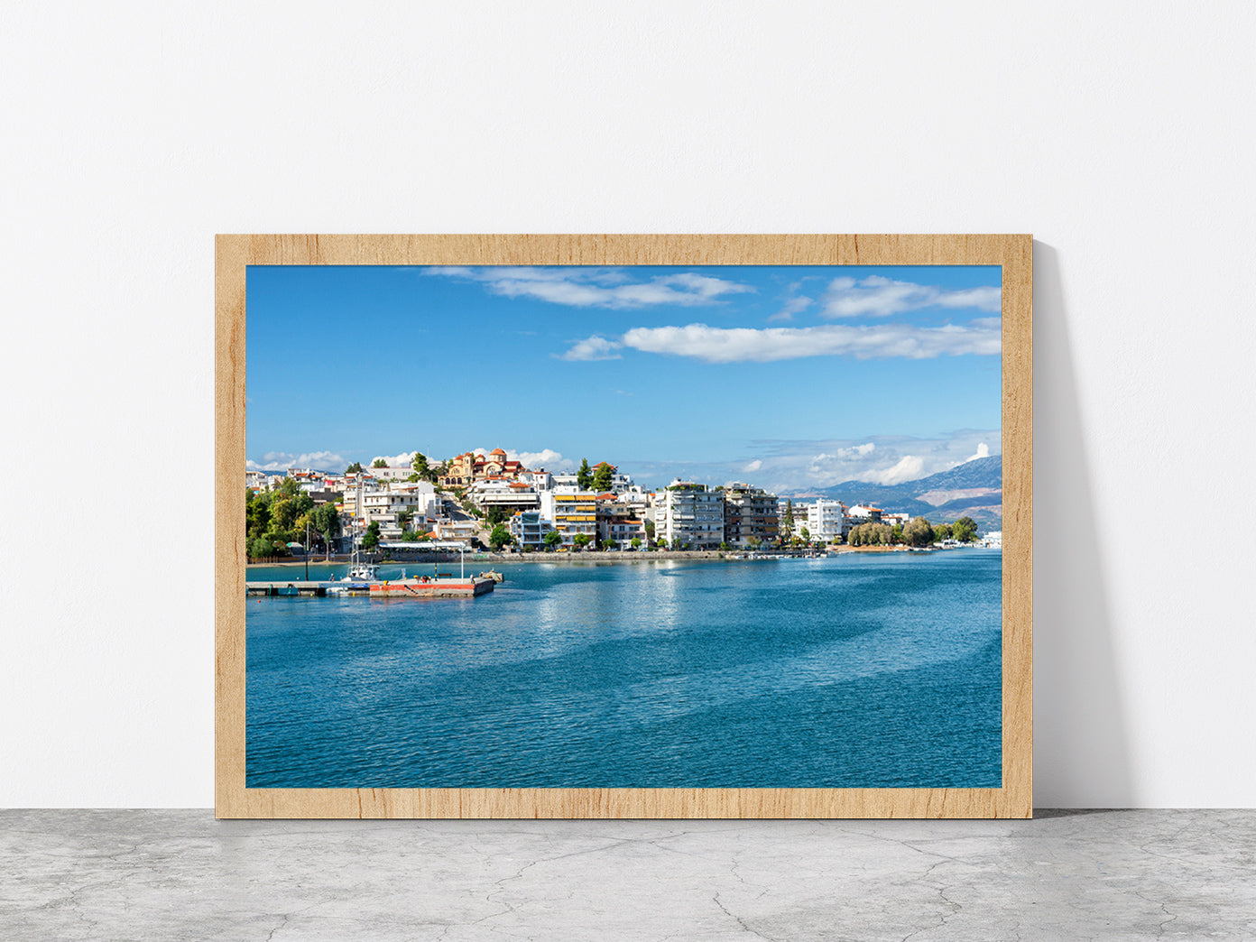 Strait Of Eurypia & The Island Glass Framed Wall Art, Ready to Hang Quality Print Without White Border Oak