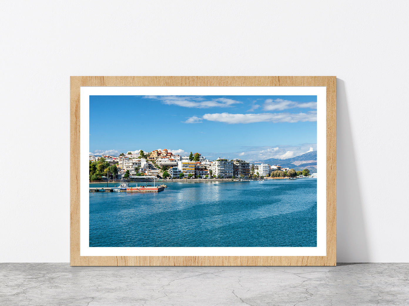 Strait Of Eurypia & The Island Glass Framed Wall Art, Ready to Hang Quality Print With White Border Oak