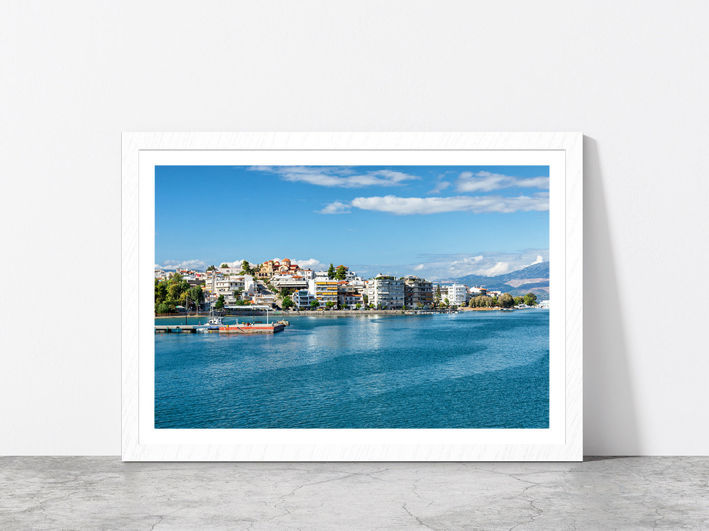 Strait Of Eurypia & The Island Glass Framed Wall Art, Ready to Hang Quality Print With White Border White