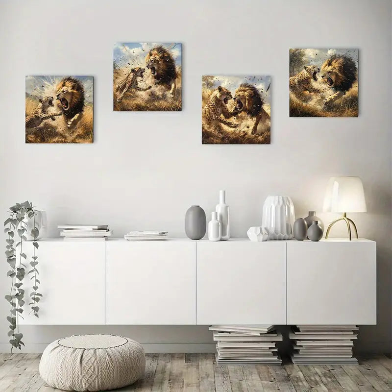 4pcs African Steppe Lions &Hyenas In Dynamic Wall Art Canvas Framed