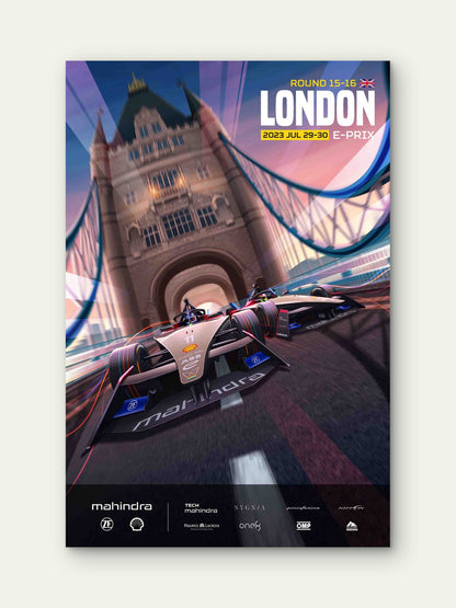 London Tower Bridge Electric Race Car 60x90cm Metal Print Ready to Hang