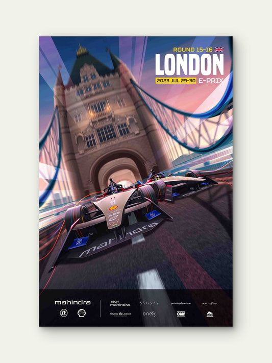 London Tower Bridge Electric Race Car 40x60cm Metal Print Ready to Hang