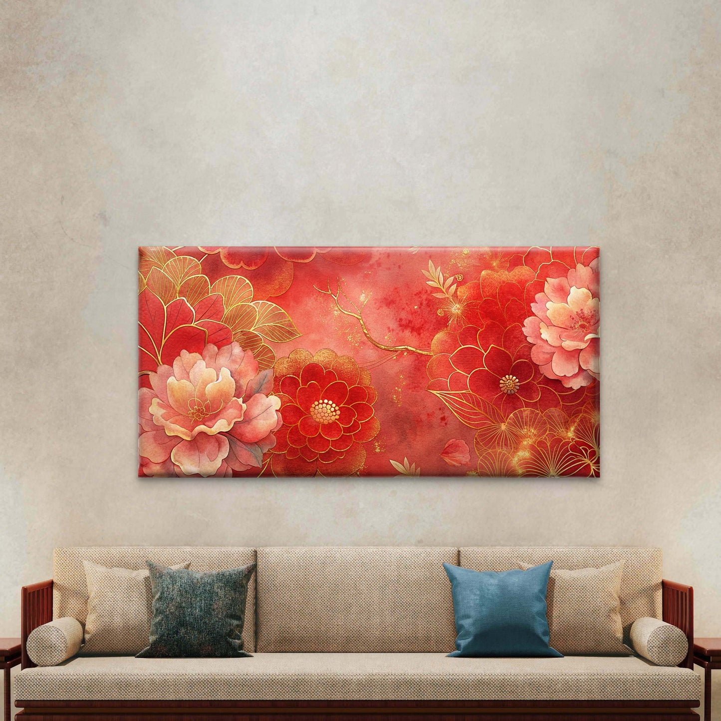 Red Golden Floral Design Wall Art Canvas Office Home Room Framed 120x60cm