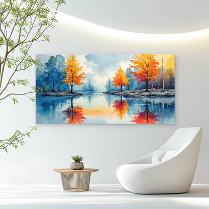 Vibrant Autumn Lake Reflection Wall Art Canvas Office Home Room Framed 120x60cm