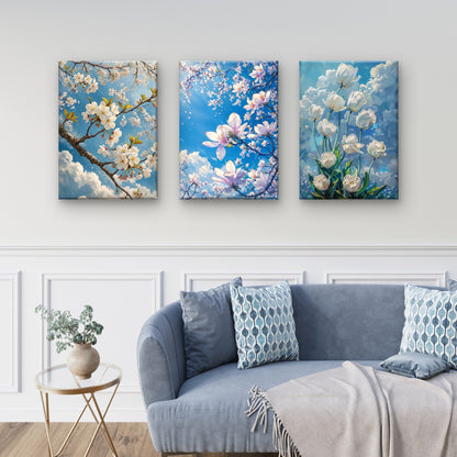 3pcs Blue Cherry Blossom Magnolia Tulip Flower   Wall Art Set Canvas Framed 40x60cm - High Quality Print 100% Australian Made Wall Canvas Ready to Hang