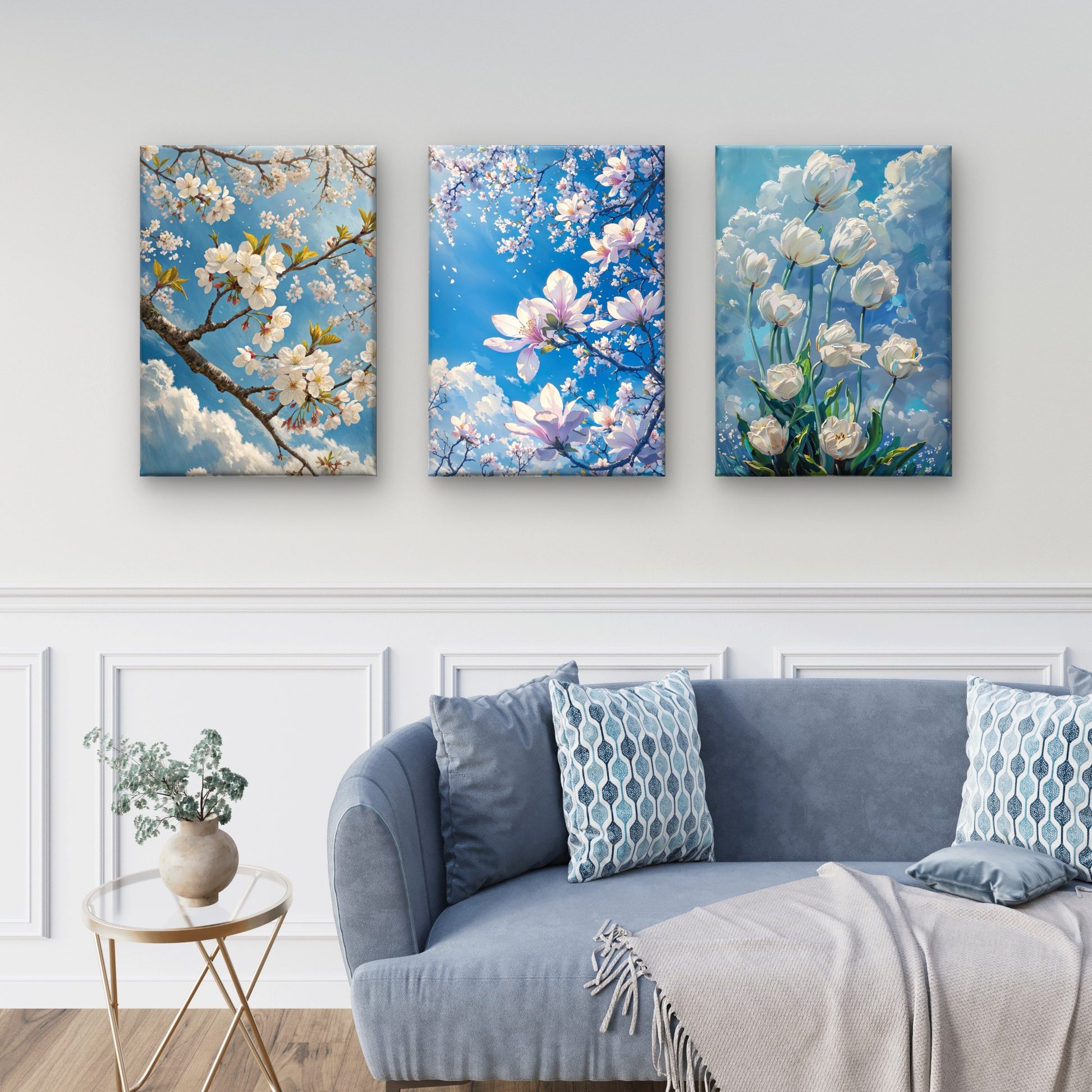 3pcs Blue Cherry Blossom Magnolia Tulip Flower Wall Art Set Canvas Framed 60x90cm - High Quality Print 100% Australian Made Wall Canvas Ready to Hang