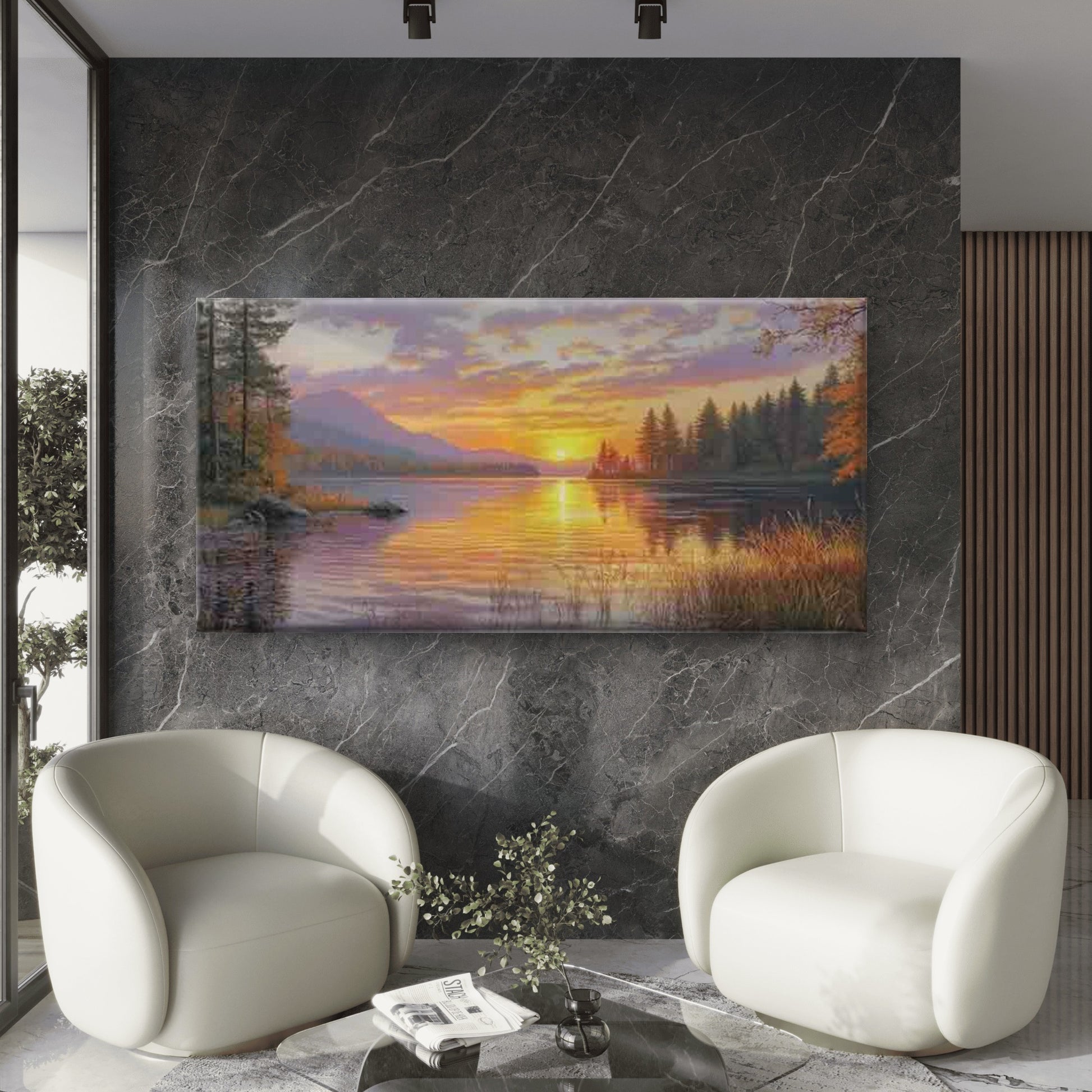 Golden Sunset Over a Lake Wall Art Canvas Office Home Room Framed 120x60cm - Bella Home Decor