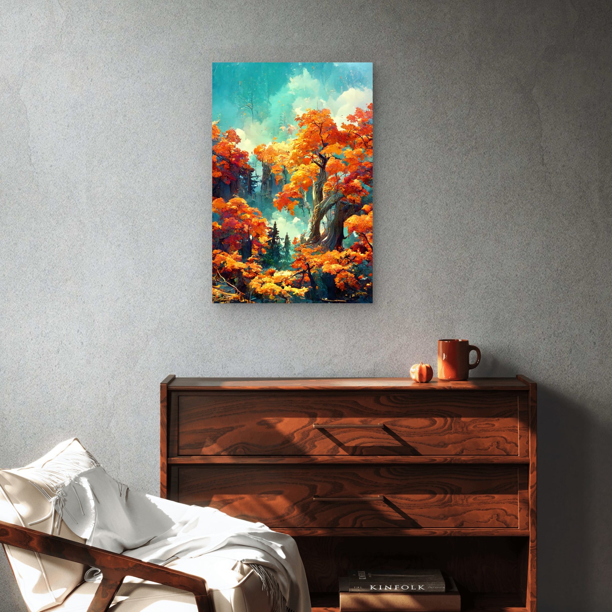 Autumn Forest Sunny Morning Illustration 60x90cm Metal Print Ready to Hang