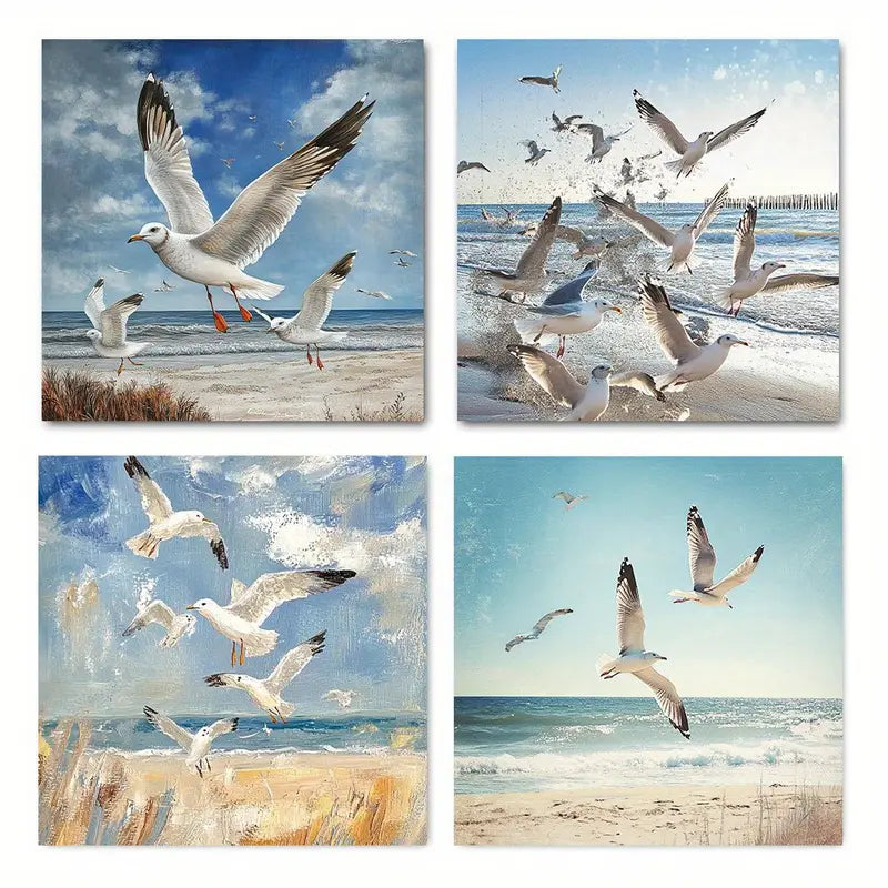 4pcs Ocean Beach Abstract Seaside Seagull Seasca Wall Art Canvas Framed