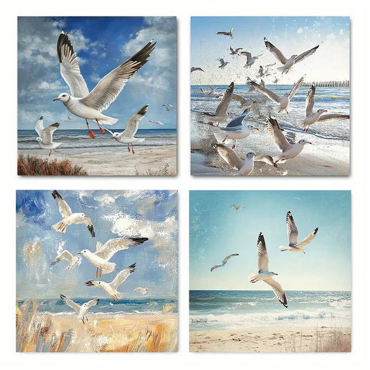 4pcs Ocean Beach Abstract Seaside Seagull Seasca Wall Art Canvas Framed