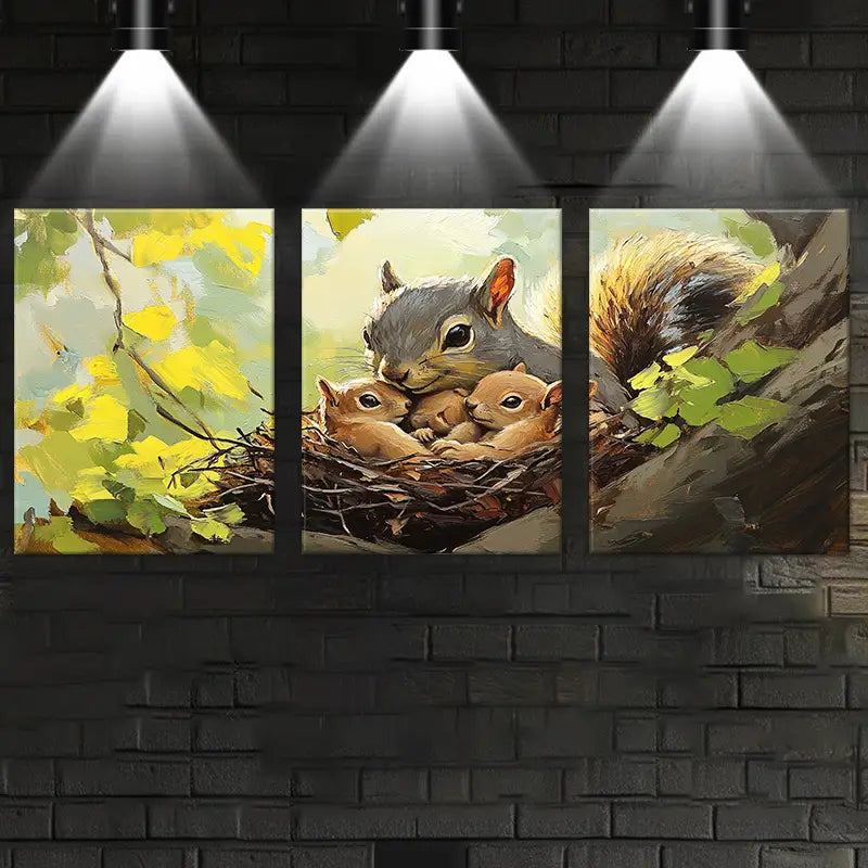 3pcs Charming Mother & Youngsters Squirrel Nest with Autumn Metal Print Ready to Hang Art