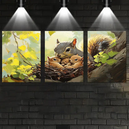 3pcs Charming Mother & Youngsters Squirrel Nest with Autumn Metal Print Ready to Hang Art